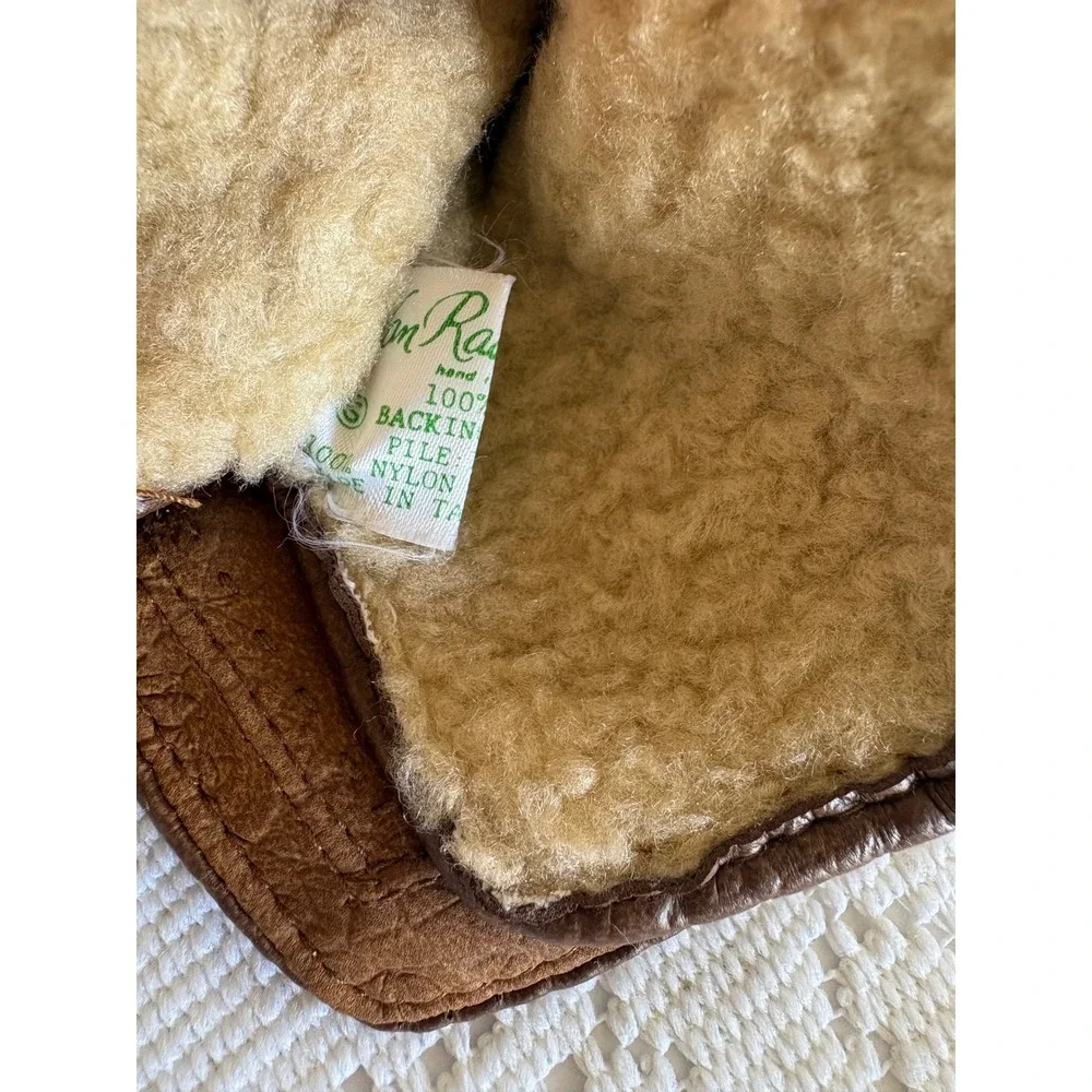 Vintage Tan Brown Leather Faux Shearling Lined Winter Gloves Women Small